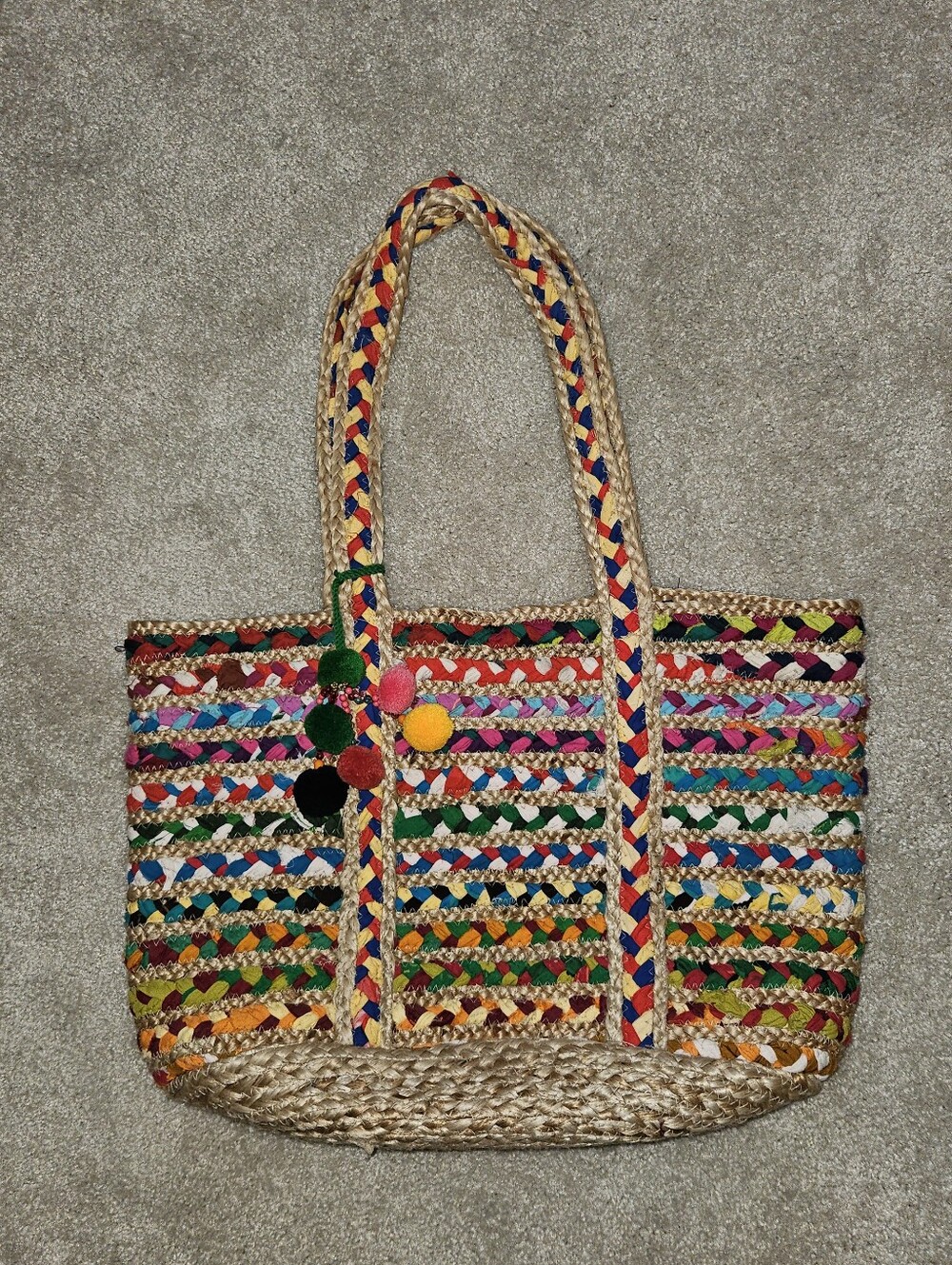 Colorful Woven Straw Tote Bag with Pom Pom Accents